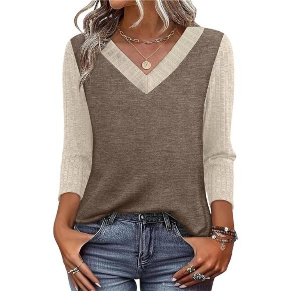Women’s 3/4 Sleeve Dressy Casual Top – Beige & Brown Color Block Fall Shirt